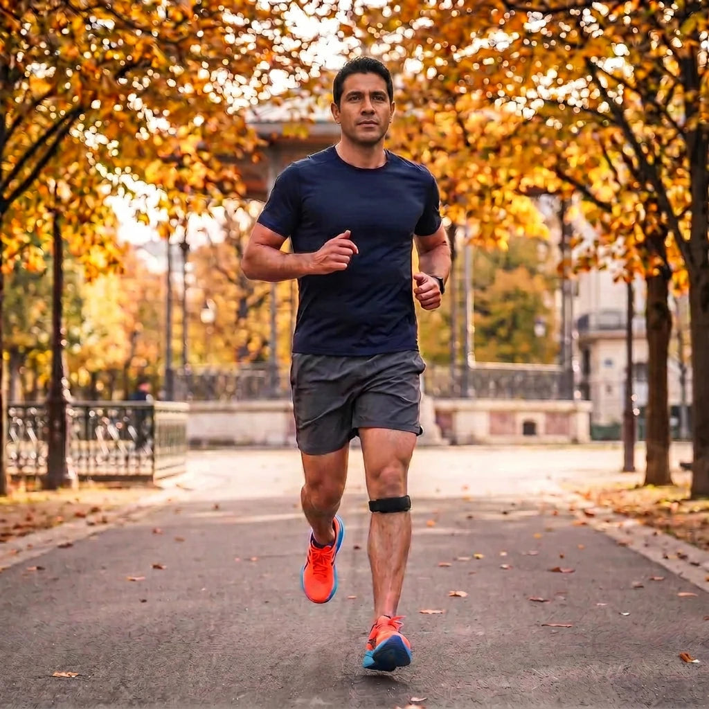 Hombre corriendo en el parque con la banda rotuliana