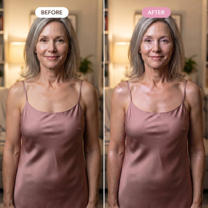 Before and after: Fairy Glow Puff shimmer on face, chest, shoulders and arms
